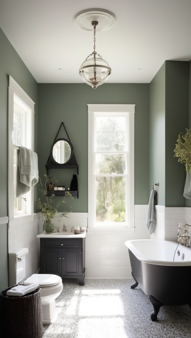 dark green tile bathroom, black bathroom accessories, dark green bath towels, black shower curtain, dark green vanity cabinet