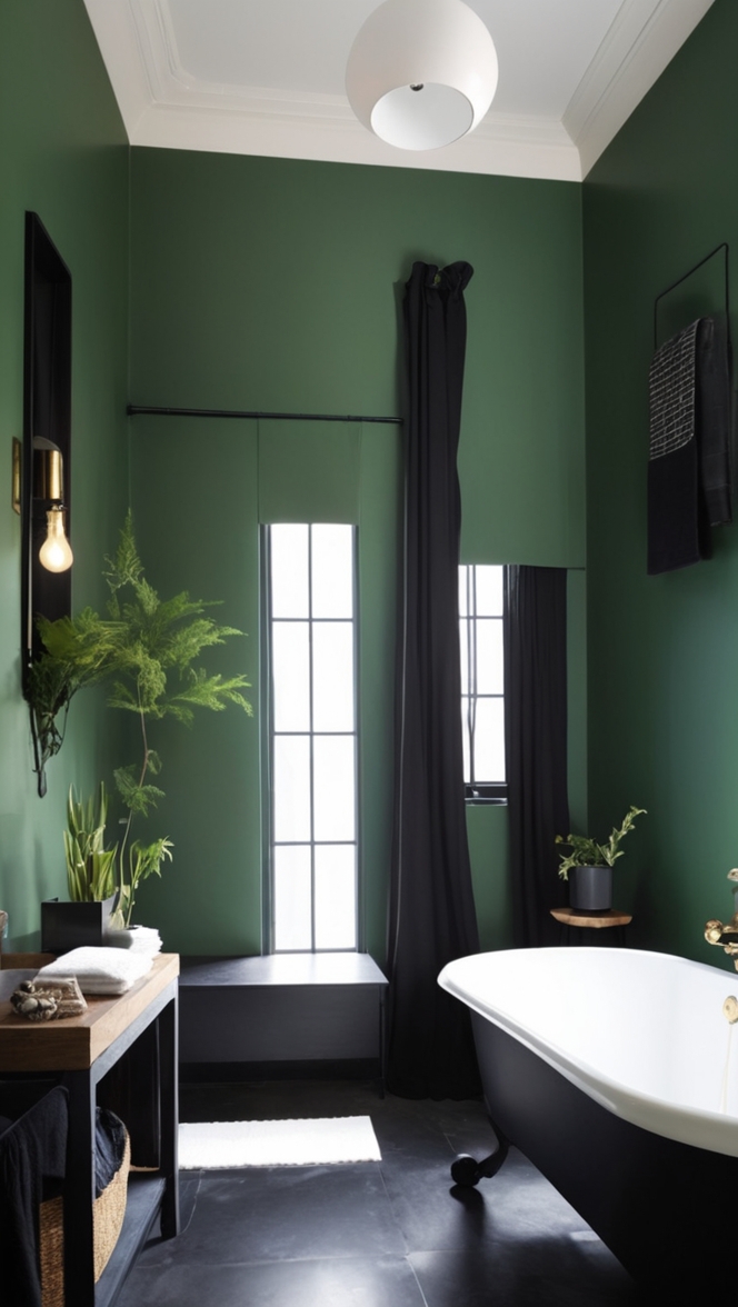dark green tile bathroom, black bathroom accessories, dark green bath towels, black shower curtain, dark green vanity cabinet
