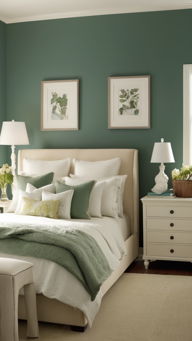 dark green paint, dark green walls, dark green decor, dark green bedding, dark green curtains