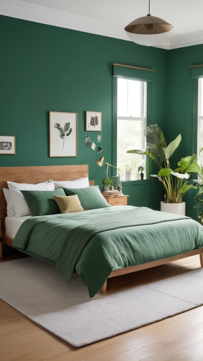 dark green paint, dark green walls, dark green decor, dark green bedding, dark green curtains