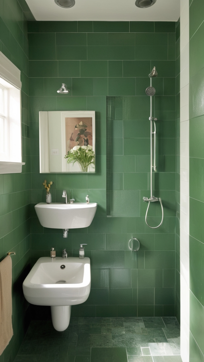 dark green tile, bathroom renovation, modern bathroom design, tile installation, luxury bathroom design
