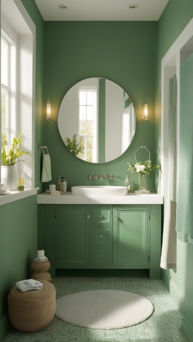 deep green bathroom, bathroom renovation ideas, eco-friendly bathroom design, sustainable bathroom solutions, natural bathroom materials