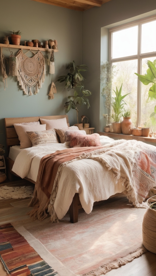 bohemian bedroom decor, boho chic bedroom ideas, rustic boho bedroom design, earthy boho bedding, natural boho bedroom inspiration