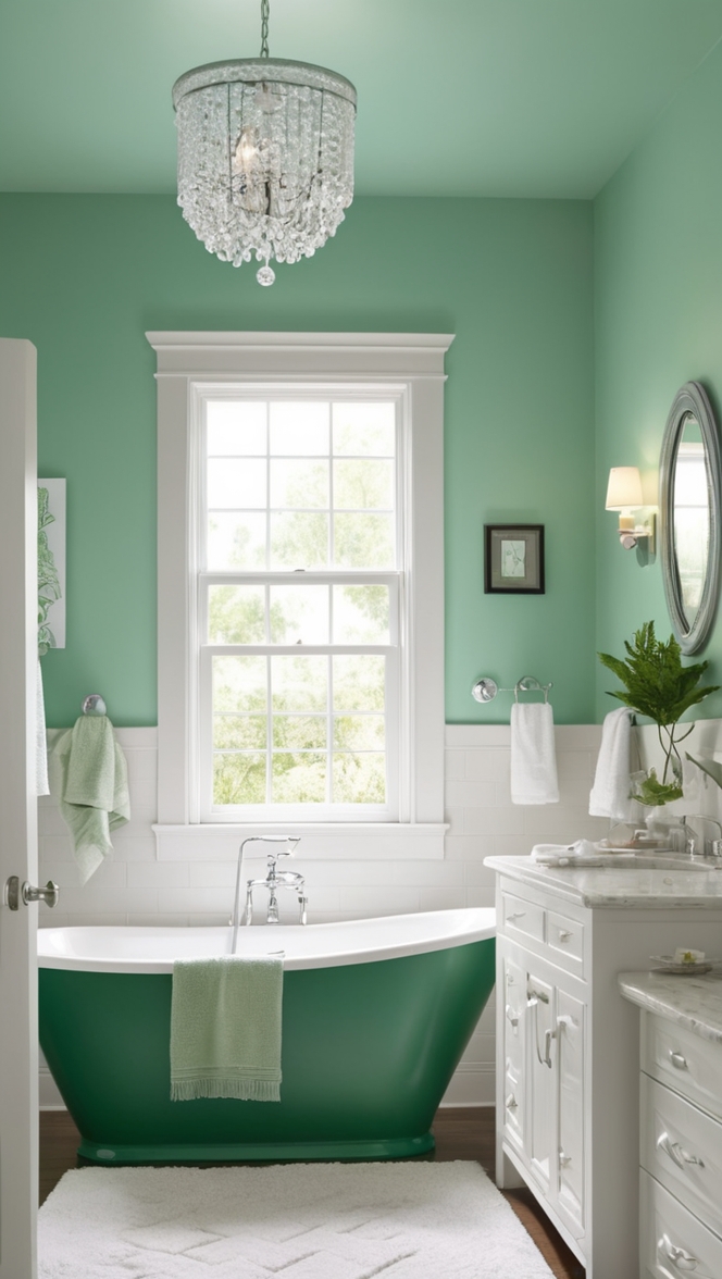 emerald green paint, emerald green tiles, emerald green vanity, emerald green decor, emerald green fixtures