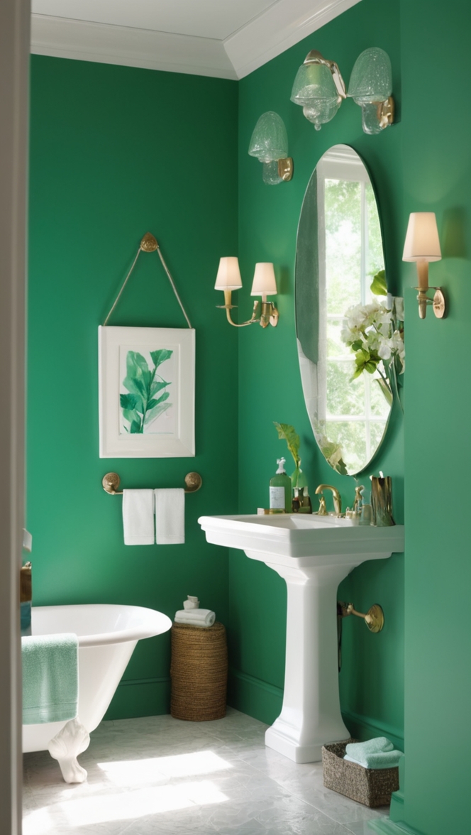 emerald green paint, emerald green tiles, emerald green vanity, emerald green decor, emerald green fixtures