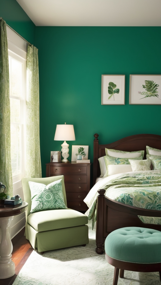green bedroom decor, emerald green duvet cover, green velvet curtains, emerald green throw pillows, dark green bedding