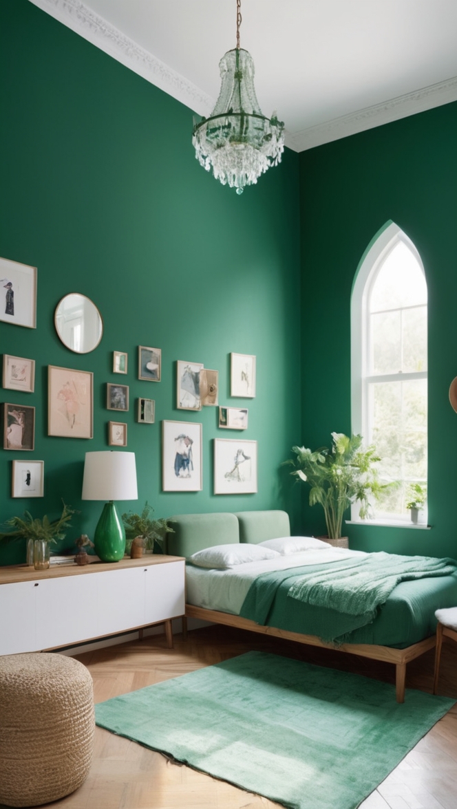 green bedroom decor, emerald green duvet cover, green velvet curtains, emerald green throw pillows, dark green bedding