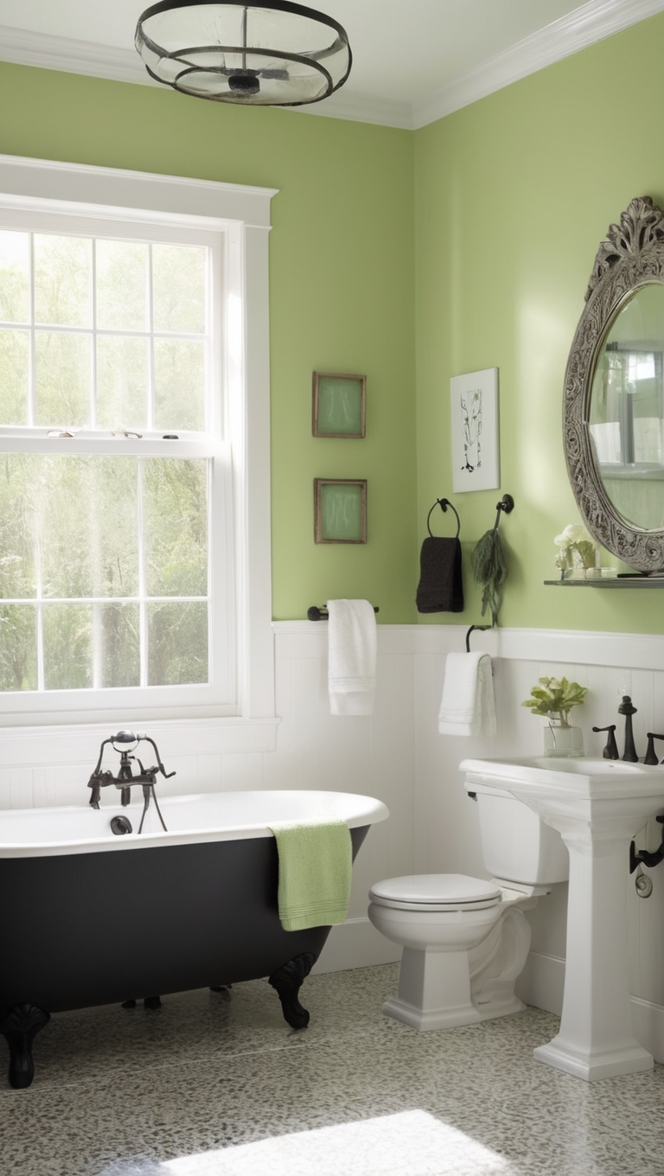 green bathroom decor, black and white bathroom, modern black bathroom, green bathroom tiles, black and white bathroom ideas