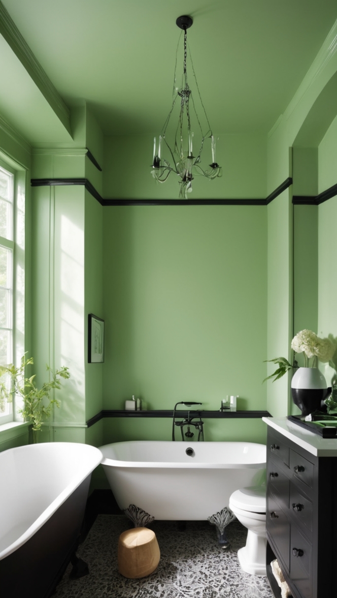 green bathroom decor, black and white bathroom, modern black bathroom, green bathroom tiles, black and white bathroom ideas