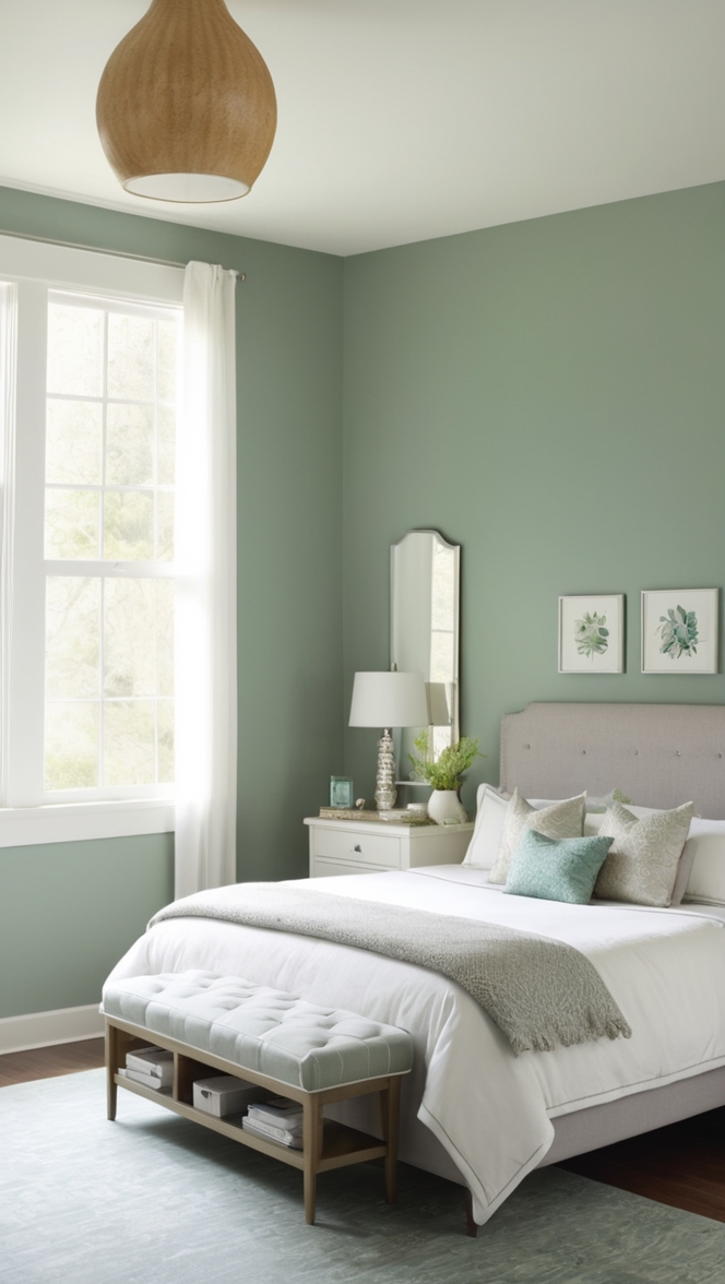 Green bedroom decor, Grey and green bedroom ideas, Neutral green bedroom, Green and grey bedroom design, Modern grey and green bedroom