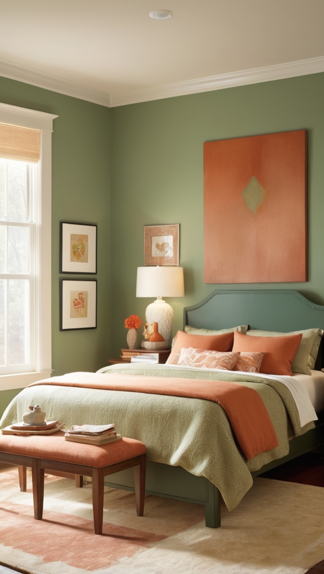 green bedroom decor, terracotta interior design, stylish bedroom ideas, home decor inspiration, cozy bedroom makeover
