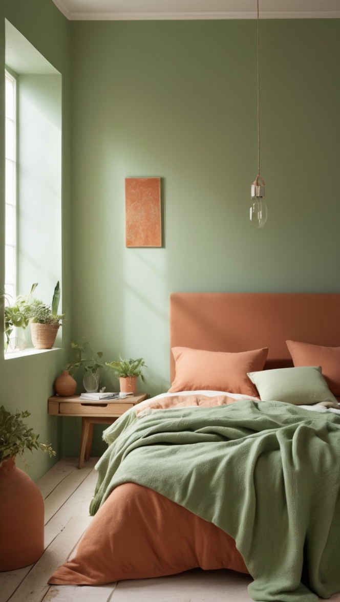 green bedroom decor, terracotta interior design, stylish bedroom ideas, home decor inspiration, cozy bedroom makeover