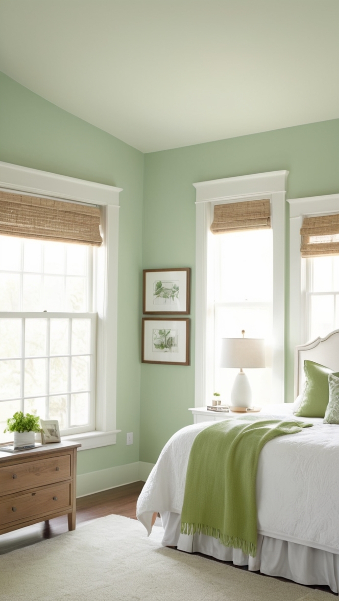 green and white bedding, bedroom design ideas, modern bedroom decor, white duvet cover, green accent wall