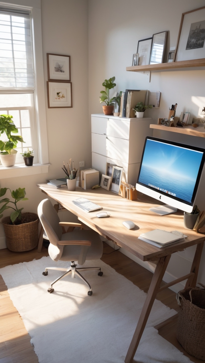 home office workstation setup, computer desk organization, ergonomic office chair, productivity tools, dual monitor setup