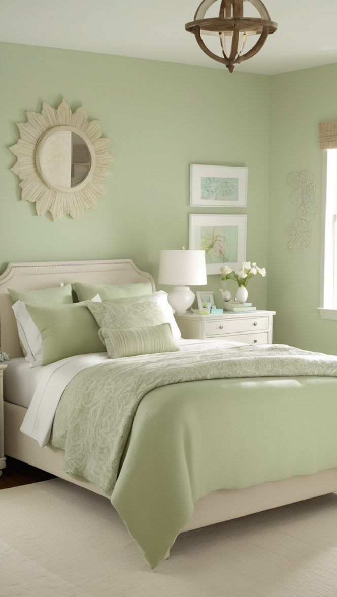 light green paint, light green walls, light green decor, light green bedding, light green curtains