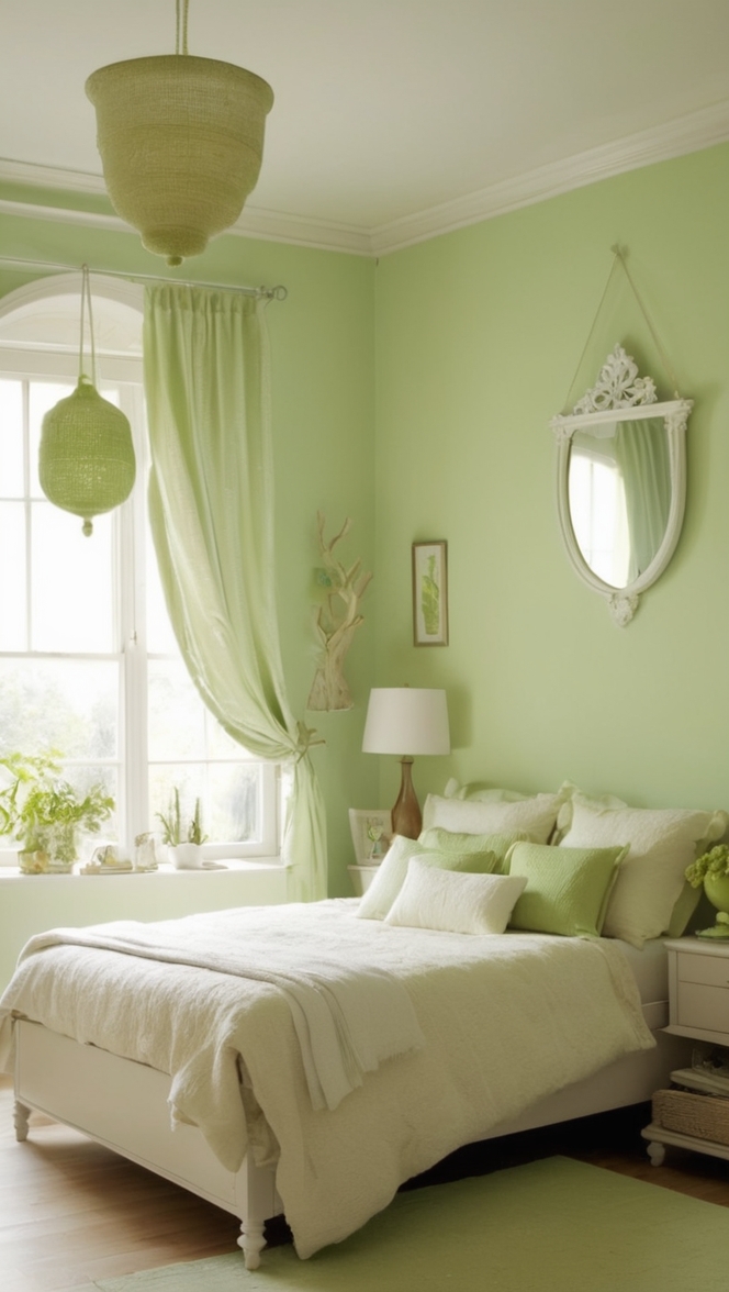 light green paint, light green walls, light green decor, light green bedding, light green curtains
