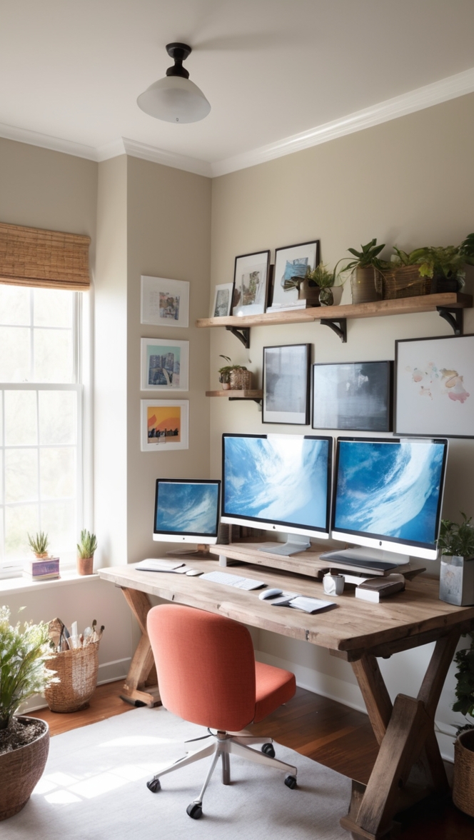 multiple monitors, home office setup, workstation desk, productivity tools, dual monitor stands