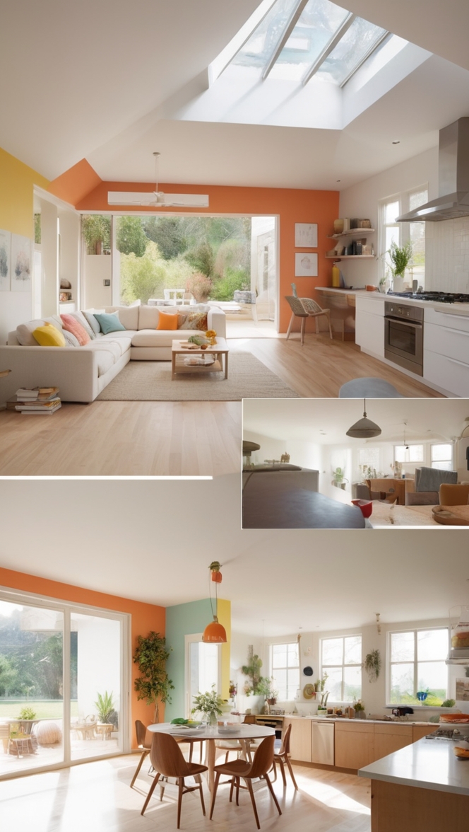 open concept living room, modern kitchen design, spacious living area, contemporary home decor, integrated living spaces