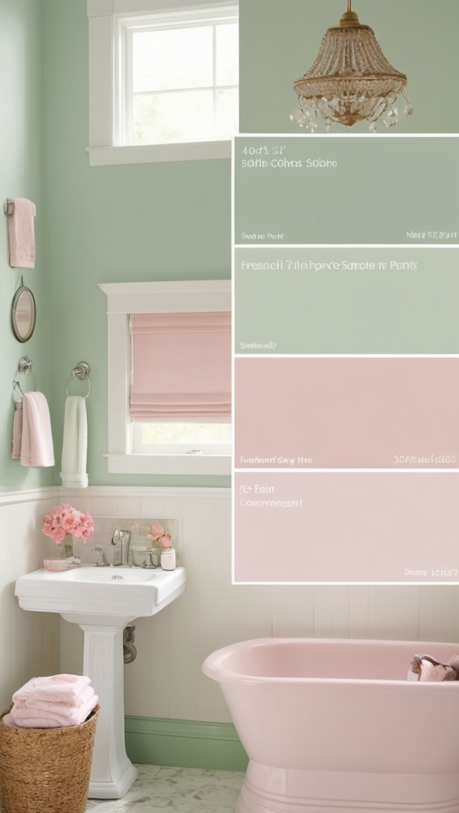 bathroom remodel,
bathroom renovation,
pink and green decor,
bathroom design ideas,
modern bathroom color palette