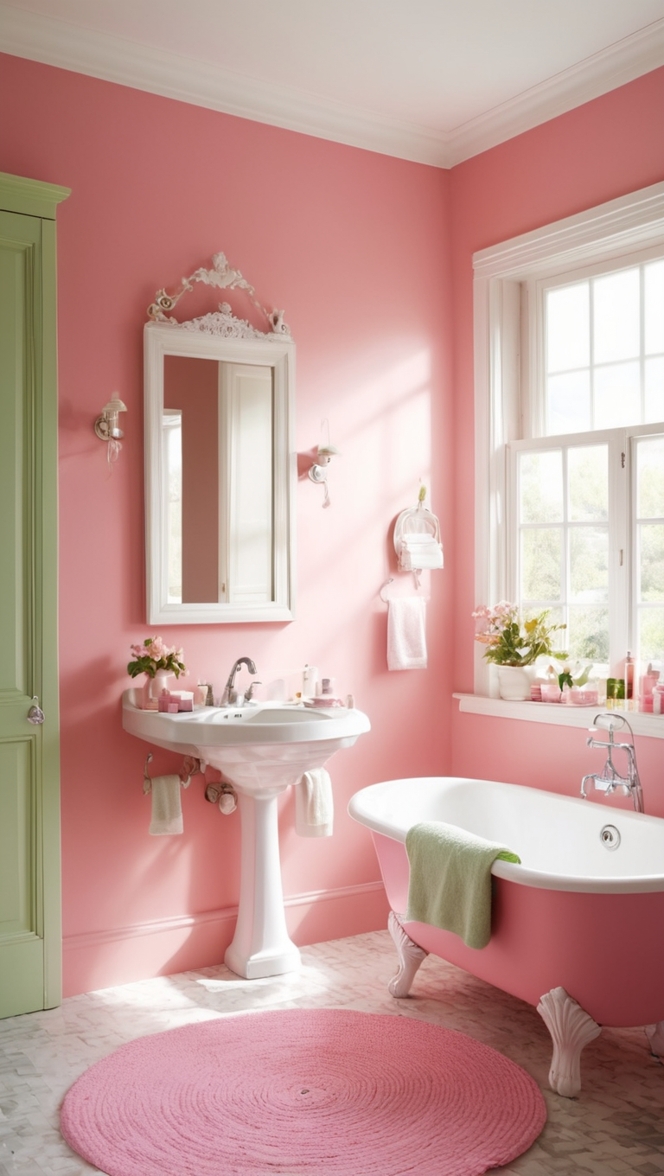 bathroom remodel, bathroom renovation, pink and green decor, bathroom design ideas, modern bathroom color palette