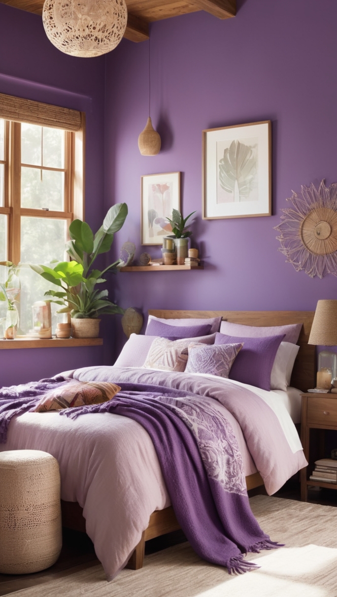 purple bedding, boho decor, bedroom design, home accessories, interior styling