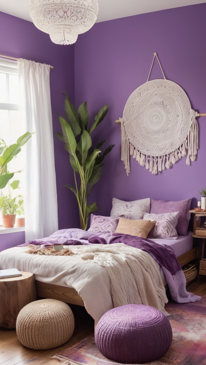 purple bedding, boho decor, bedroom design, home accessories, interior styling