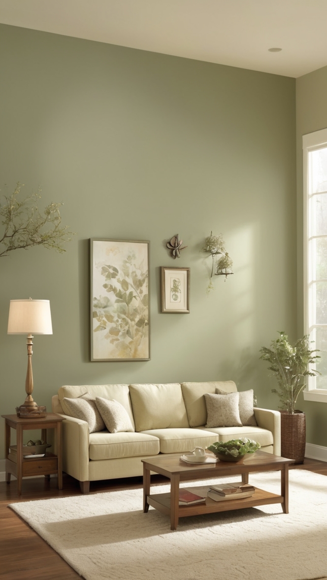 sage green wallpaper, green and beige decor, beige living room furniture, sage green paint colors, beige and green curtains