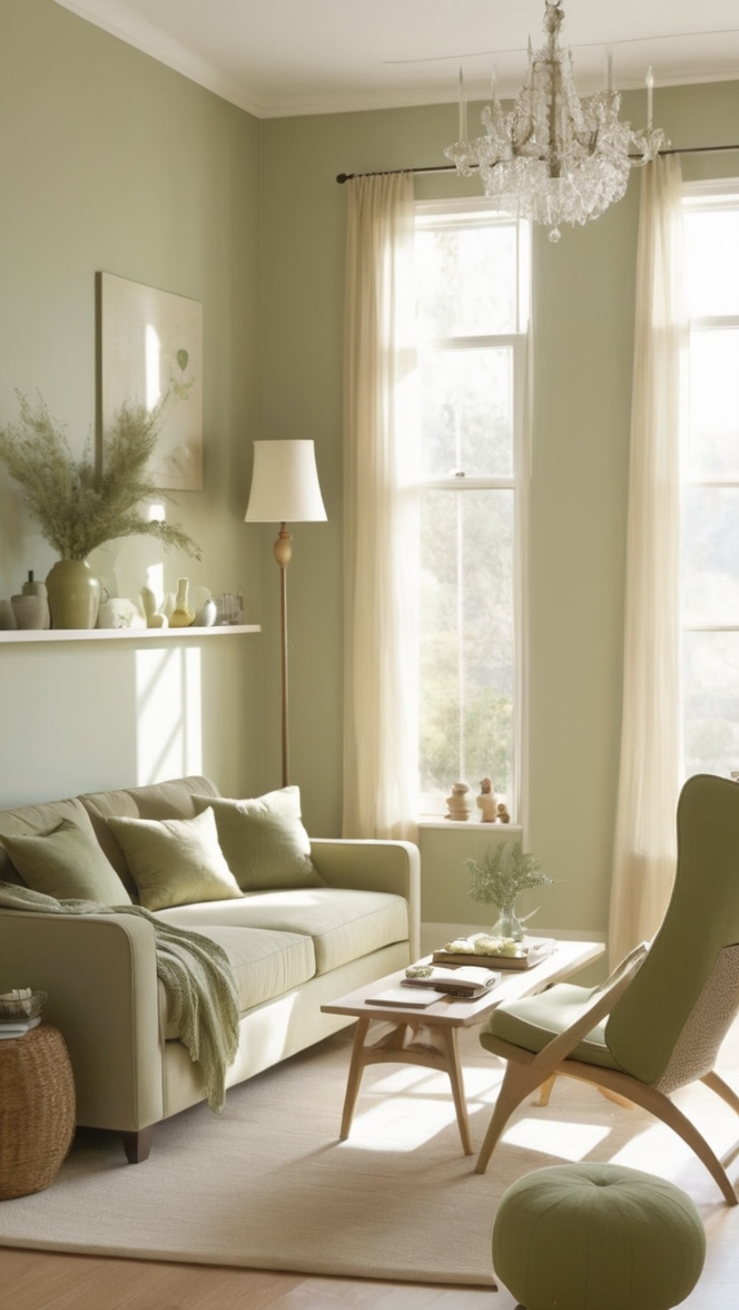 sage green wallpaper, green and beige decor, beige living room furniture, sage green paint colors, beige and green curtains