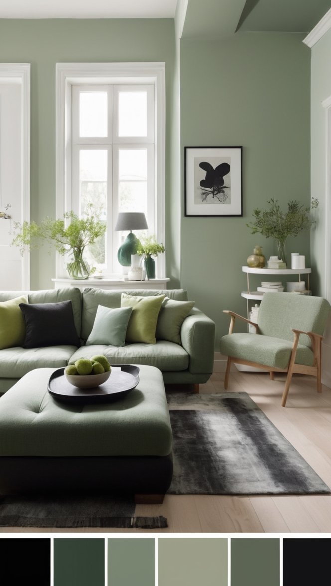 sage green sofa, black accent wall, living room decor, modern design, interior styling