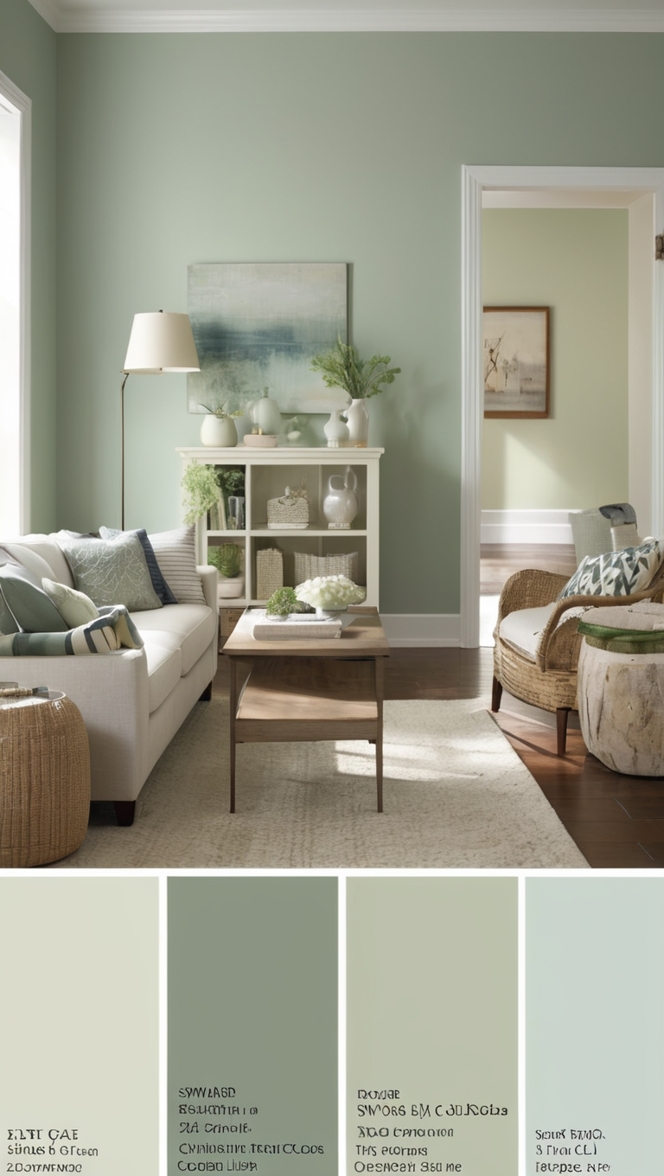 sage green sofa, blue accent wall, living room furniture, interior design, home decor