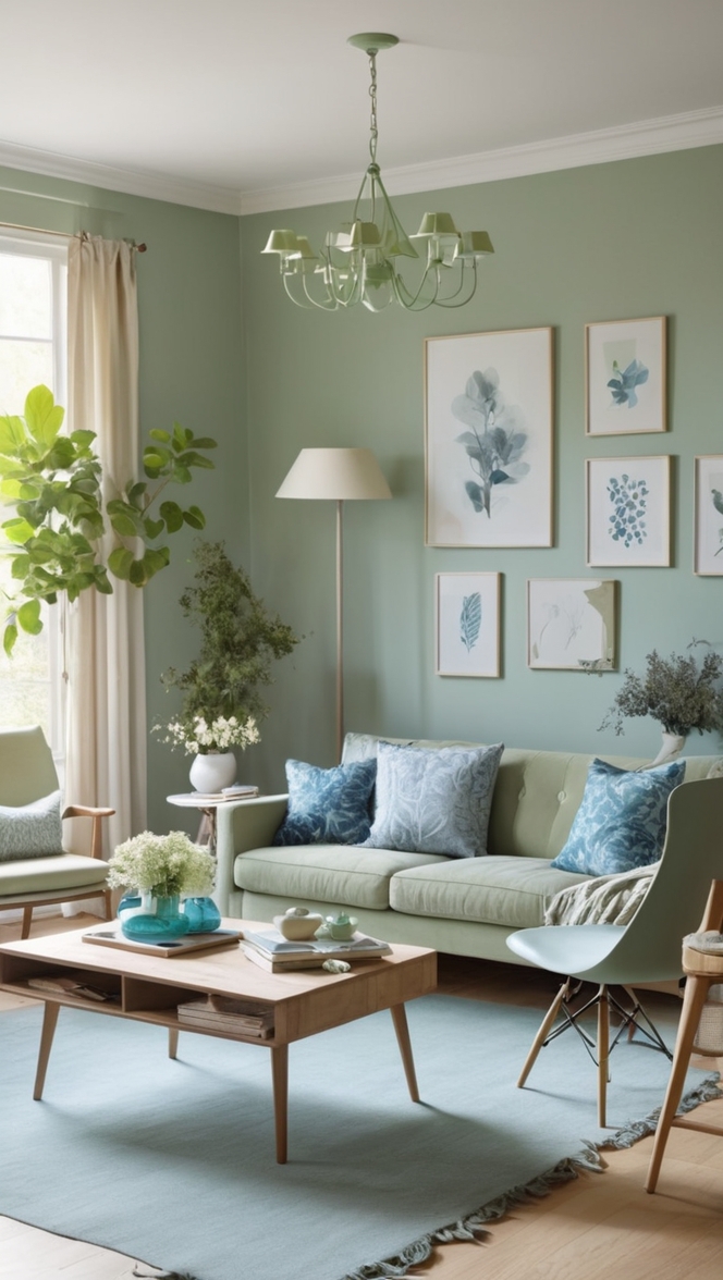 sage green sofa, blue accent wall, living room furniture, interior design, home decor