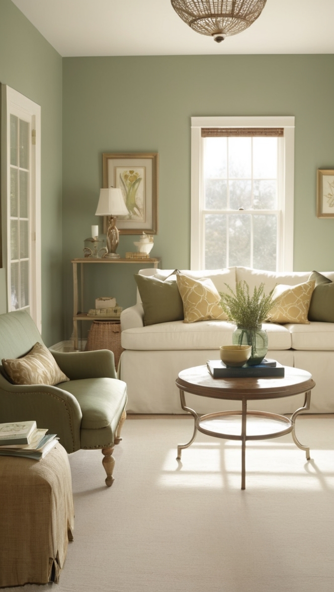 sage green decor, gold living room, luxury home decor, elegant interior design, modern home furnishings