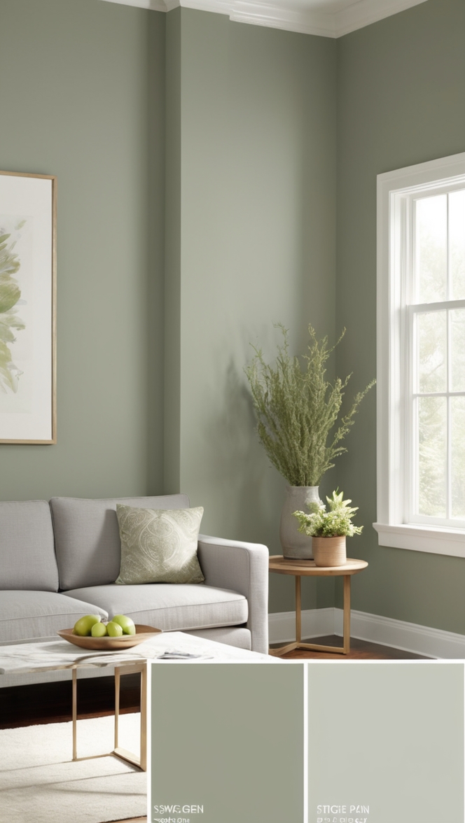 sage green sofa, gray wall decor, living room furniture, sage gray color palette, interior design styling