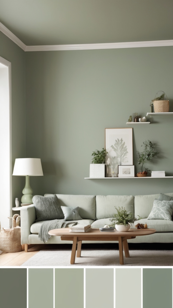 sage green sofa, gray wall decor, living room furniture, sage gray color palette, interior design styling