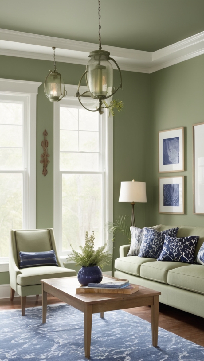 sage green sofa, navy blue walls, emerald green decor, green and blue interior design, botanical living room