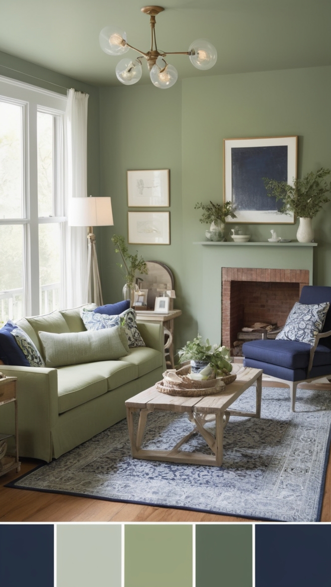 sage green sofa, navy blue walls, emerald green decor, green and blue interior design, botanical living room