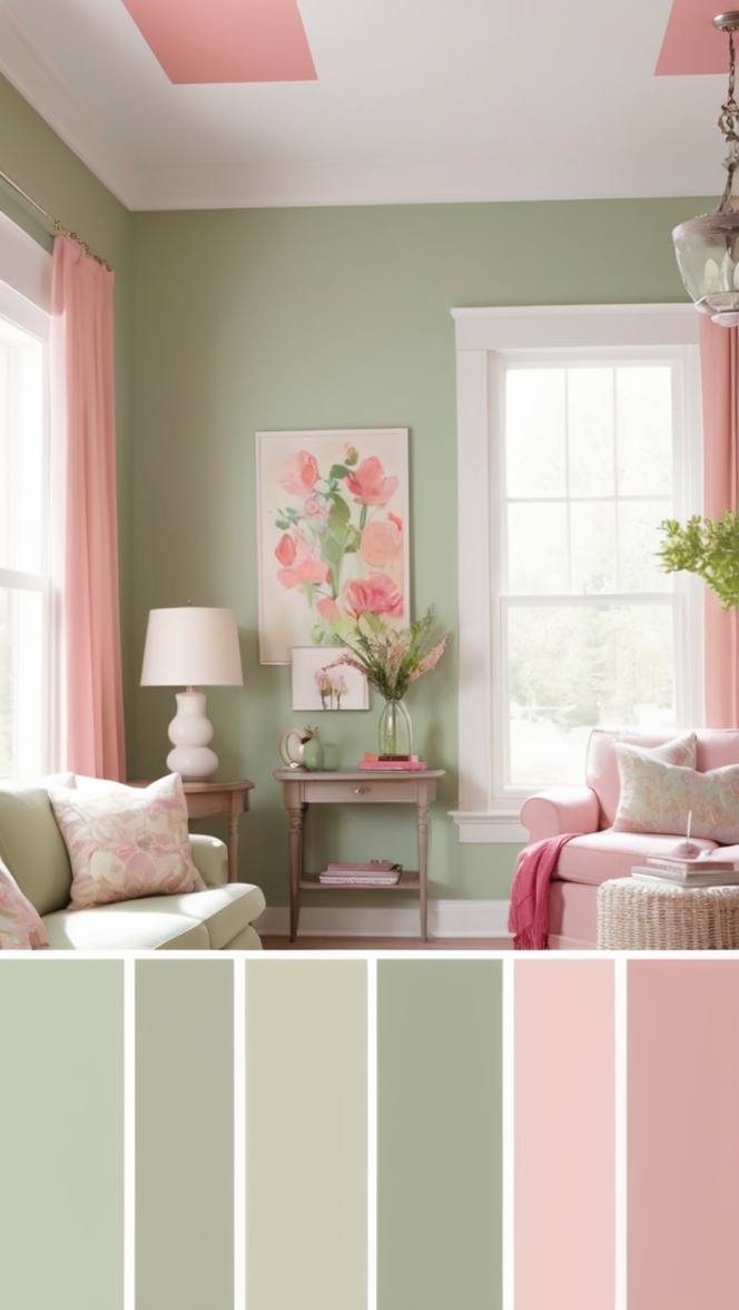 sage green decor, pink living room, interior design, home decor, color scheme