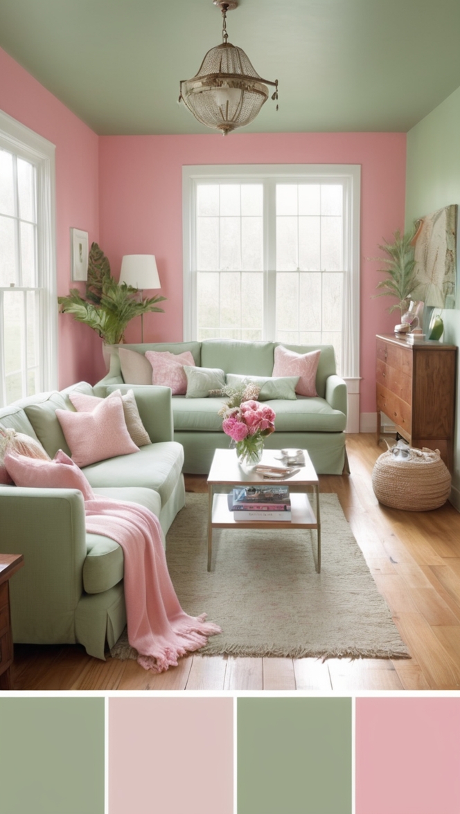 sage green decor, pink living room, interior design, home decor, color scheme