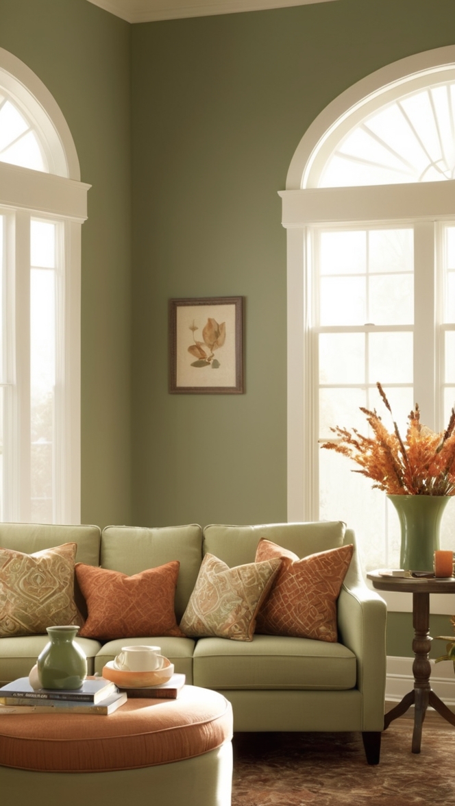 sage green sofa, rustic home decor, bohemian living room, vintage furniture, earthy color palette