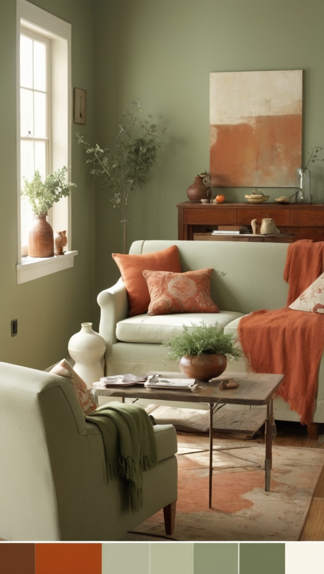 sage green sofa, rustic home decor, bohemian living room, vintage furniture, earthy color palette