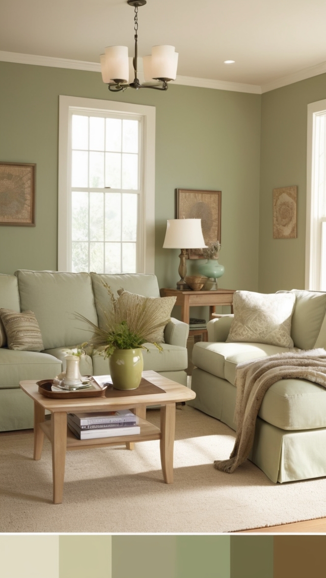 green living room decor, tan and green decor, sage green accents, neutral color palette, earthy living room design