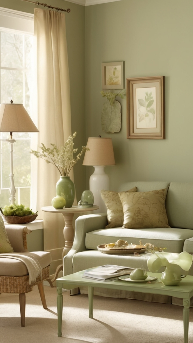 green living room decor, tan and green decor, sage green accents, neutral color palette, earthy living room design