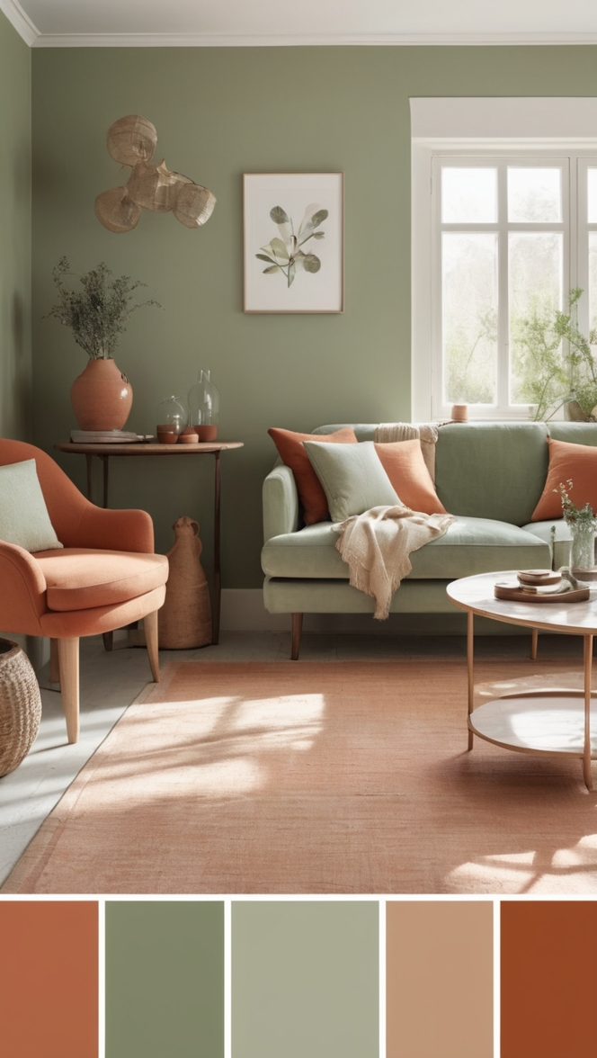 sage green sofa, terracotta rug, living room decor, green and terracotta, modern living room