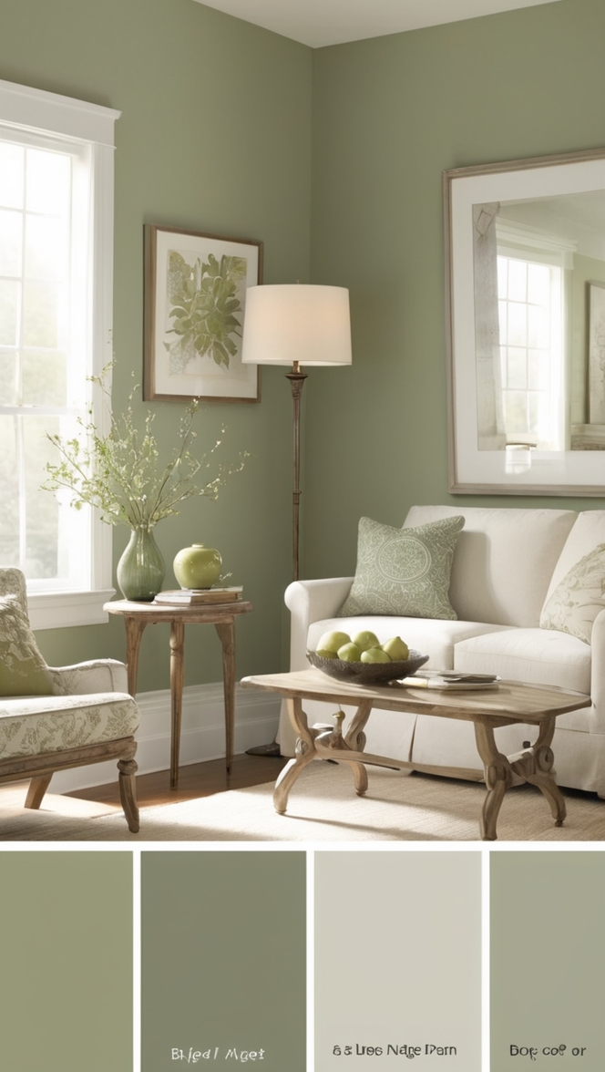 sage green paint, sage green decor, sage green furniture, white living room ideas, modern green living room
