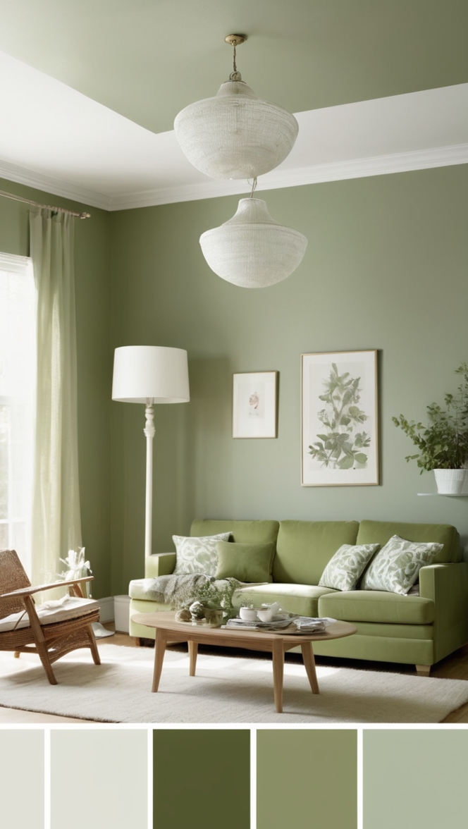 sage green paint, sage green decor, sage green furniture, white living room ideas, modern green living room