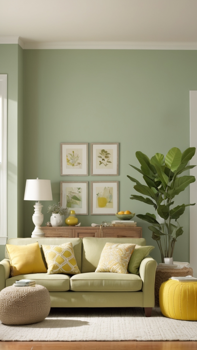 sage green living room decor, sage green wall paint, yellow living room accessories, mustard yellow throw pillows, sage green and yellow home decor