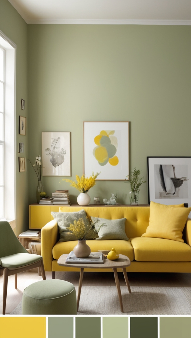 sage green living room decor, sage green wall paint, yellow living room accessories, mustard yellow throw pillows, sage green and yellow home decor