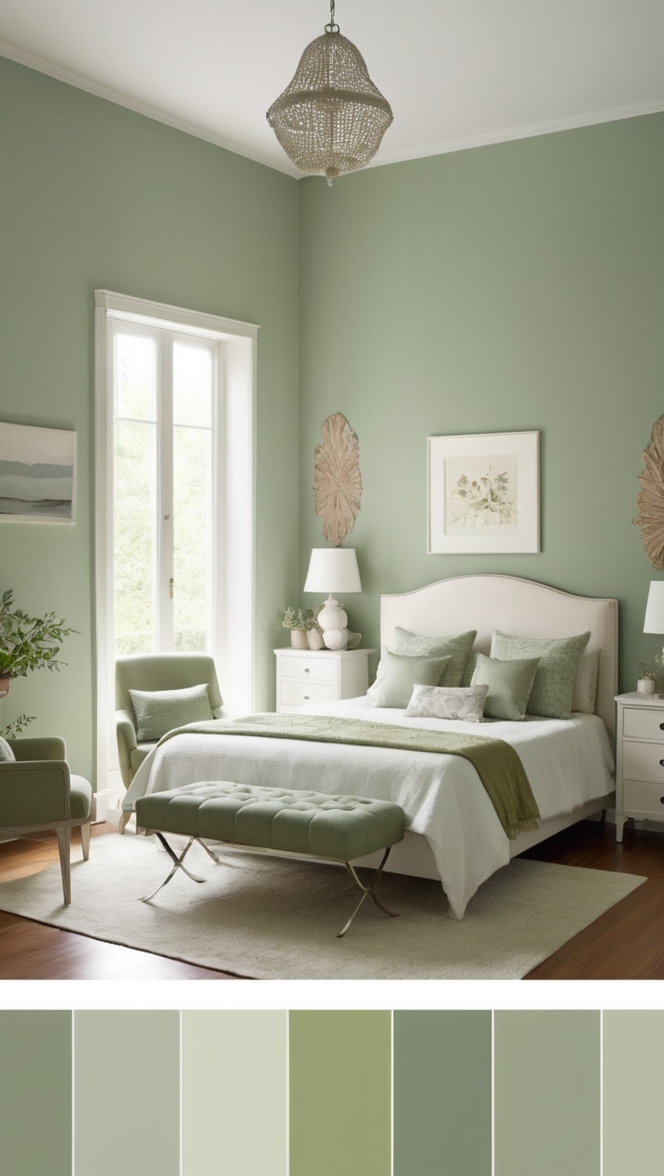 sage green paint, sage green bedding, sage green walls, sage green decor, sage green curtains