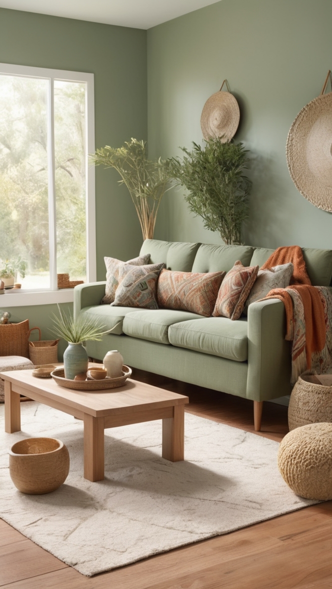 sage green sofa, boho decor, vintage rug, plant-filled space, earthy tones