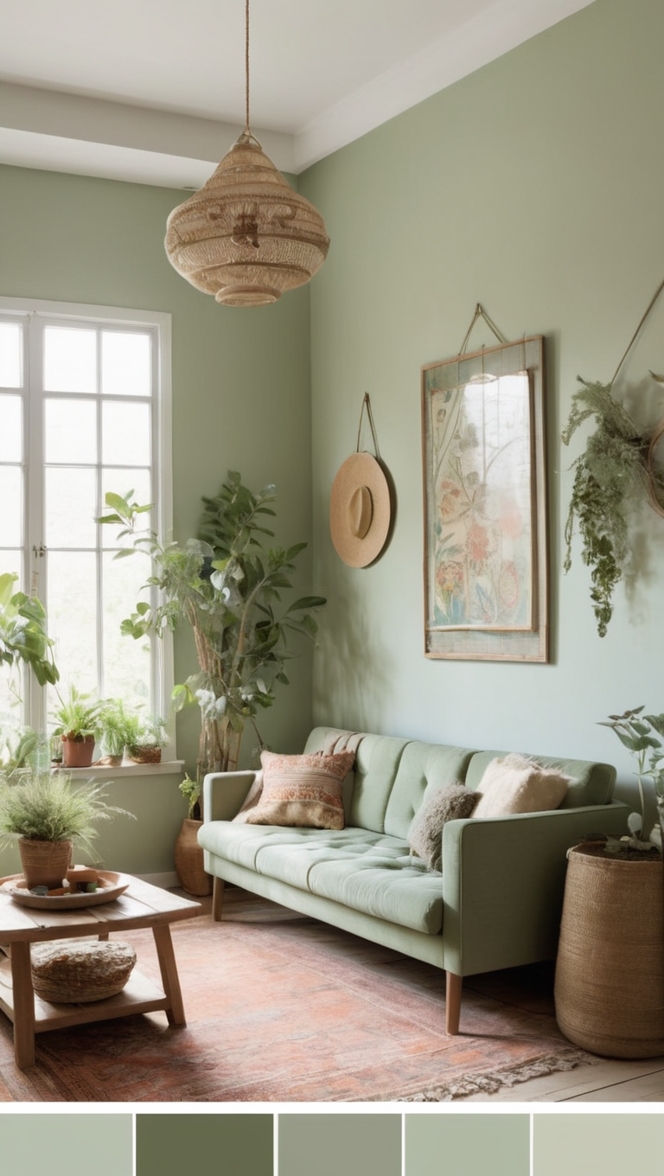 sage green sofa, boho decor, vintage rug, plant-filled space, earthy tones
